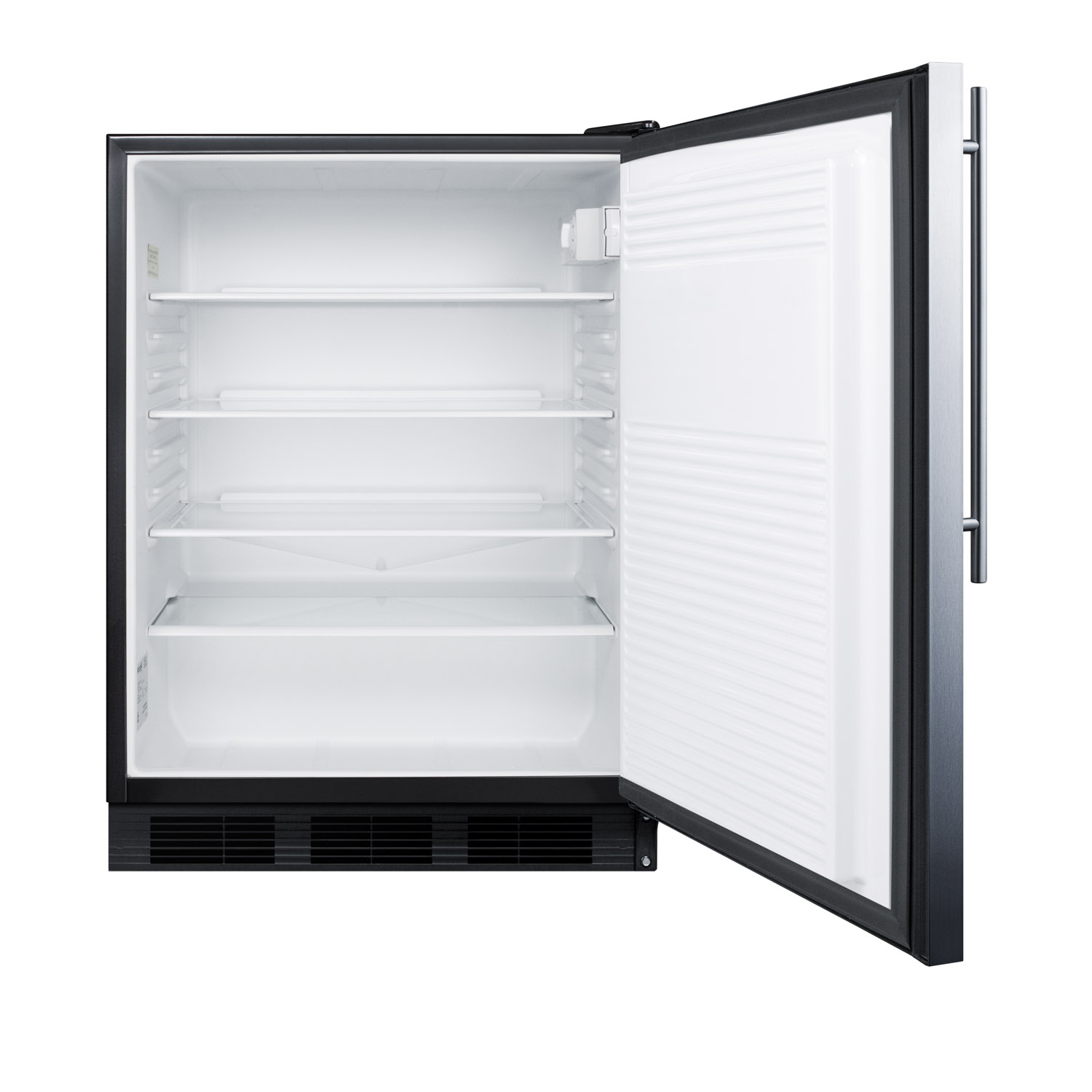 ADA compliant all-refrigerator for freestanding general purpose use, auto defrost w/SS door, thin handle, and black cabinet